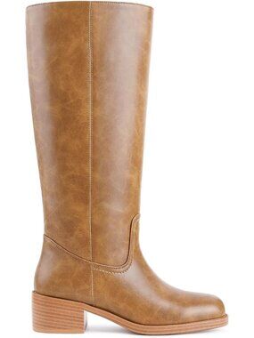 Women's Light Brown Square Toe Chunky Block Heel Wide Calf Riding Knee High Boot